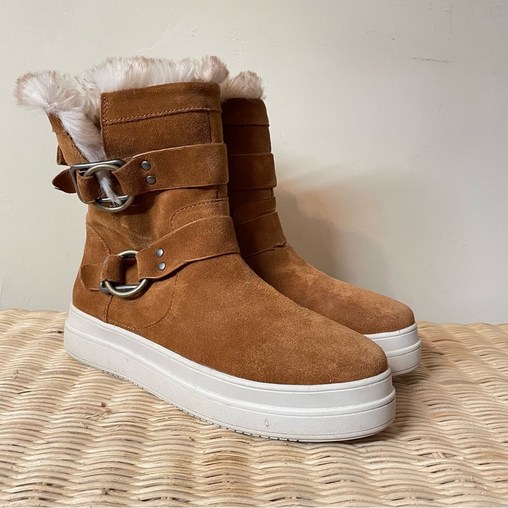 J Slides Nelly Water Resistant Suede Leather Boot Faux Fur Lined Tan size 9.5